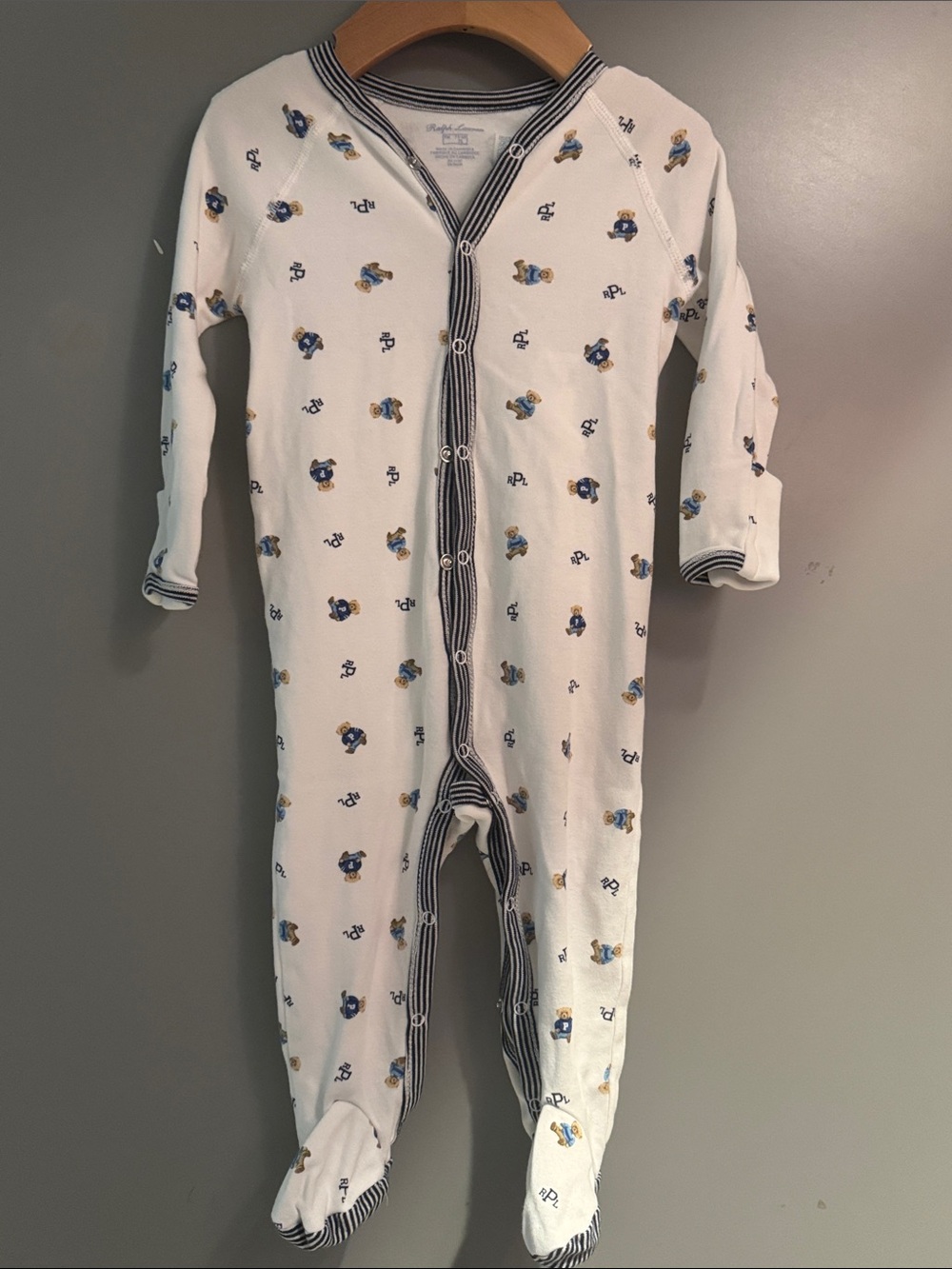 Polo by Ralph Lauren White Footed One-Piece with Navy Trim and Blue Print